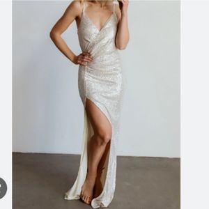 Baltic Born Linz Sequin Maxi Party Dress in Cream w/ Slit Size L